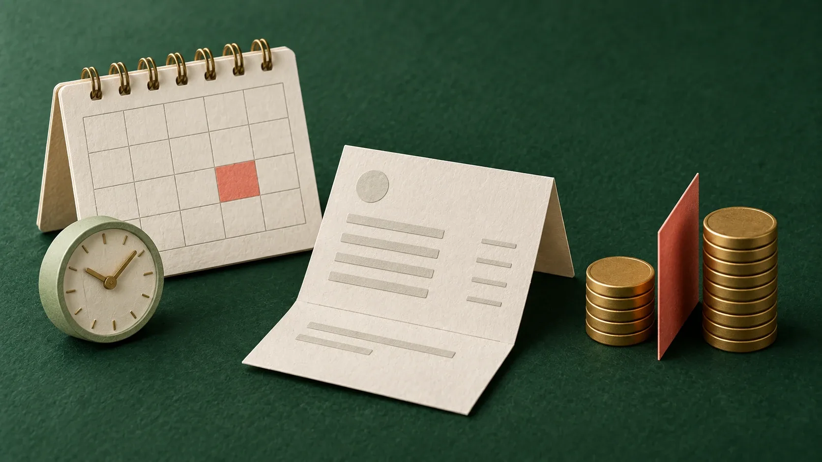 Un calendario y un reloj junto a un recibo y dos grupos de monedas separados por una lámina.