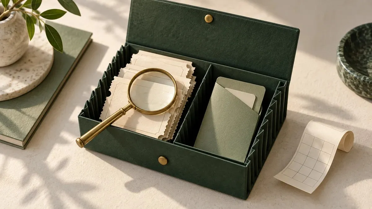 Caja verde con boletos sin texto, sobres y una lupa; a un lado, una tira de calendario vacía.