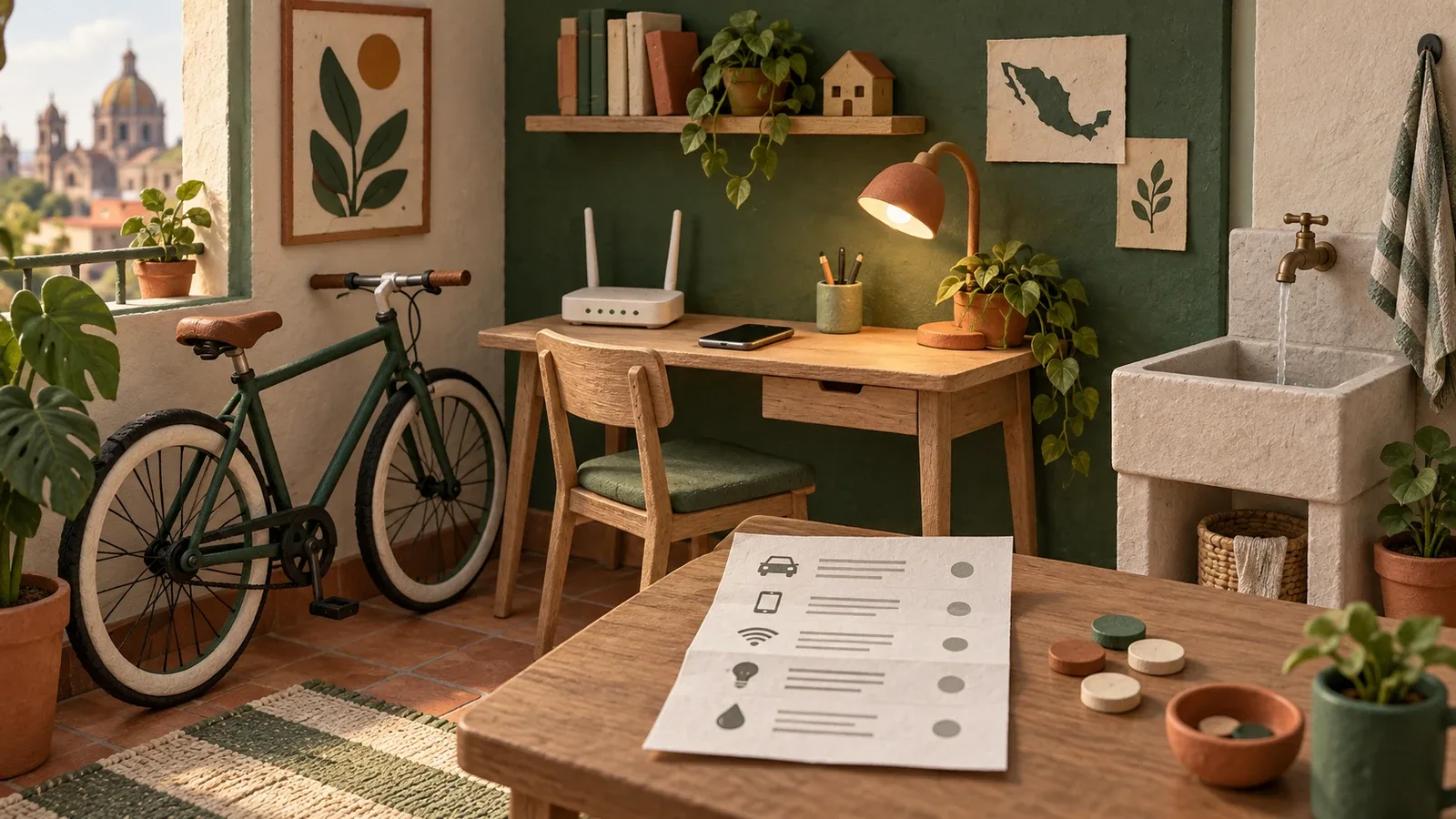 Bicicleta, teléfono, router, lámpara y lavabo junto a un registro de gastos del hogar.