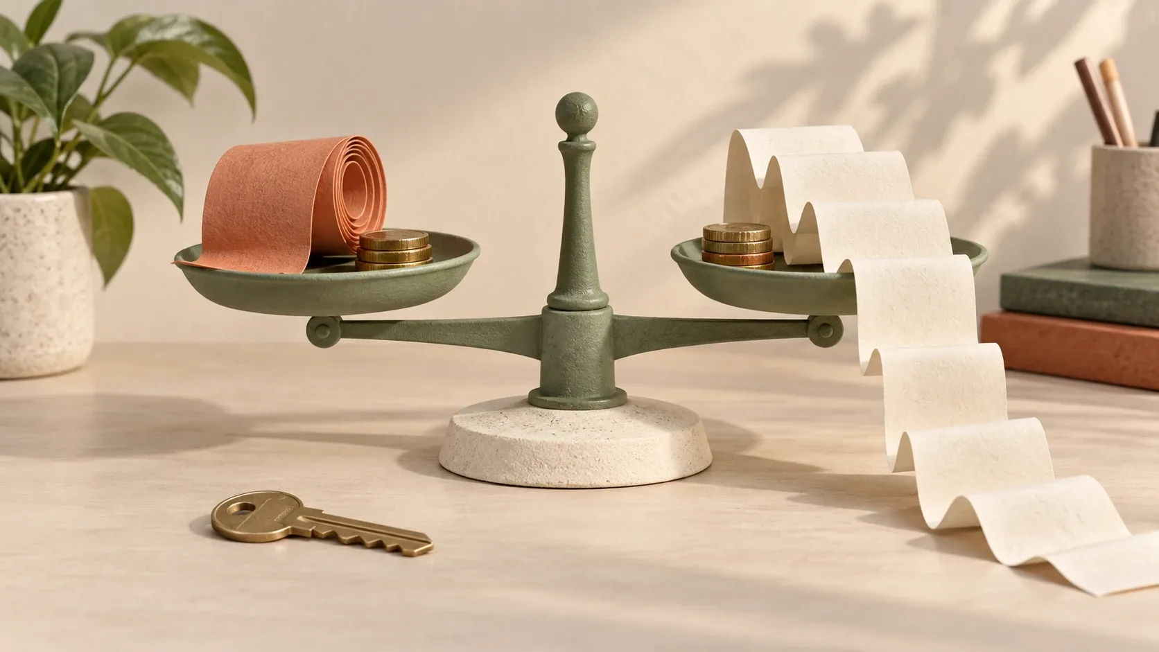 Una balanza verde compara un rollo de papel corto y una tira plegada larga con monedas; una llave de vivienda descansa delante.