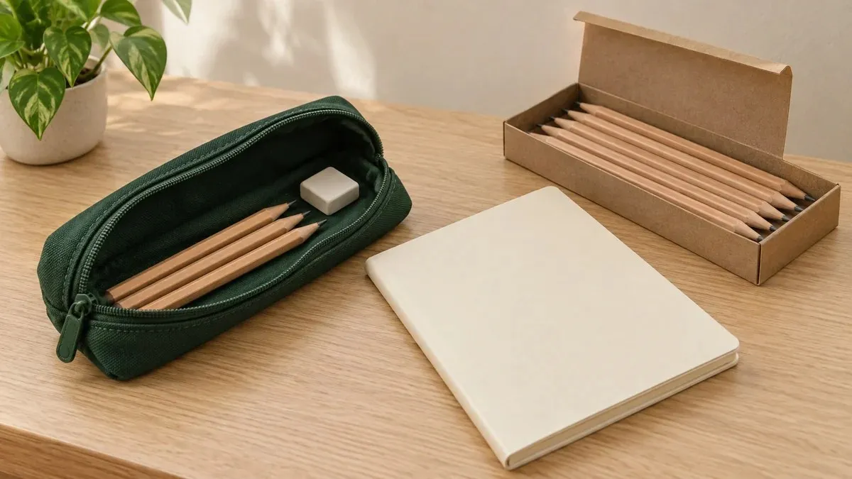 Estuche verde abierto con tres lápices y una goma, junto a un cuaderno sin marcas y una caja con lápices adicionales.