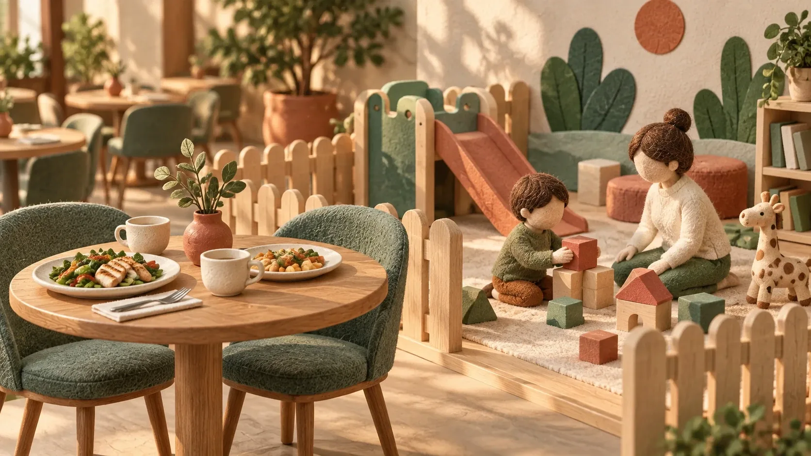 Una mesa de restaurante junto a un área de juegos donde una figura adulta acompaña a un niño.