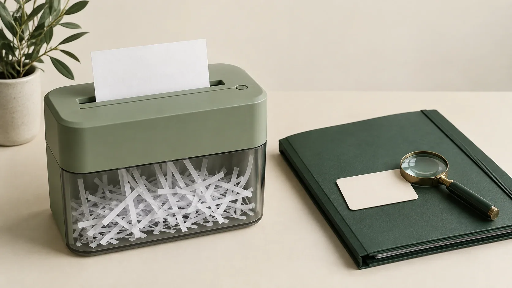 Trituradora verde con tiras de papel junto a una carpeta cerrada, una tarjeta sin datos y una lupa.