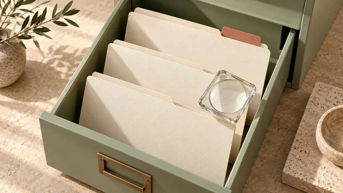 Cajón verde abierto con sobres de papel marfil, una lupa cuadrada de vidrio y una pestaña terracota sobre una mesa de piedra.