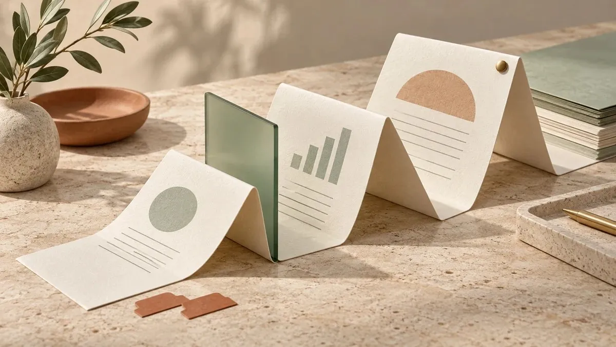Papel plegado en tres secciones sobre una mesa de piedra, con un separador de vidrio verde, figuras abstractas sin cifras y pestañas terracota.