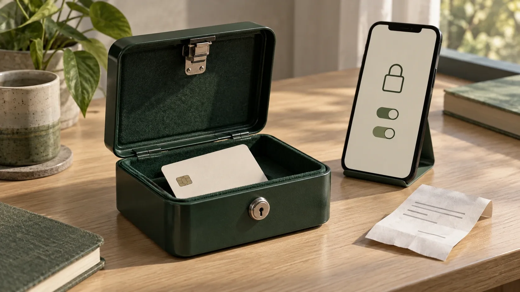 Caja verde abierta con una tarjeta sin datos visibles, junto a un teléfono con un candado y dos interruptores gráficos.