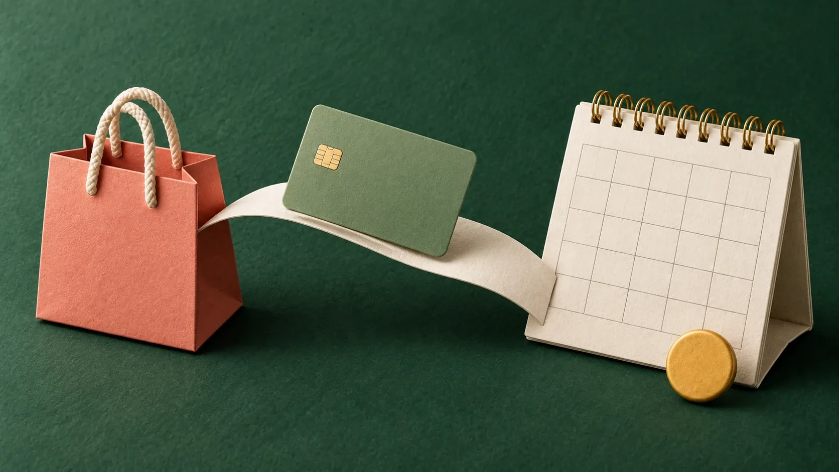 Una tarjeta conecta una bolsa de compras con un calendario mediante un puente de papel.