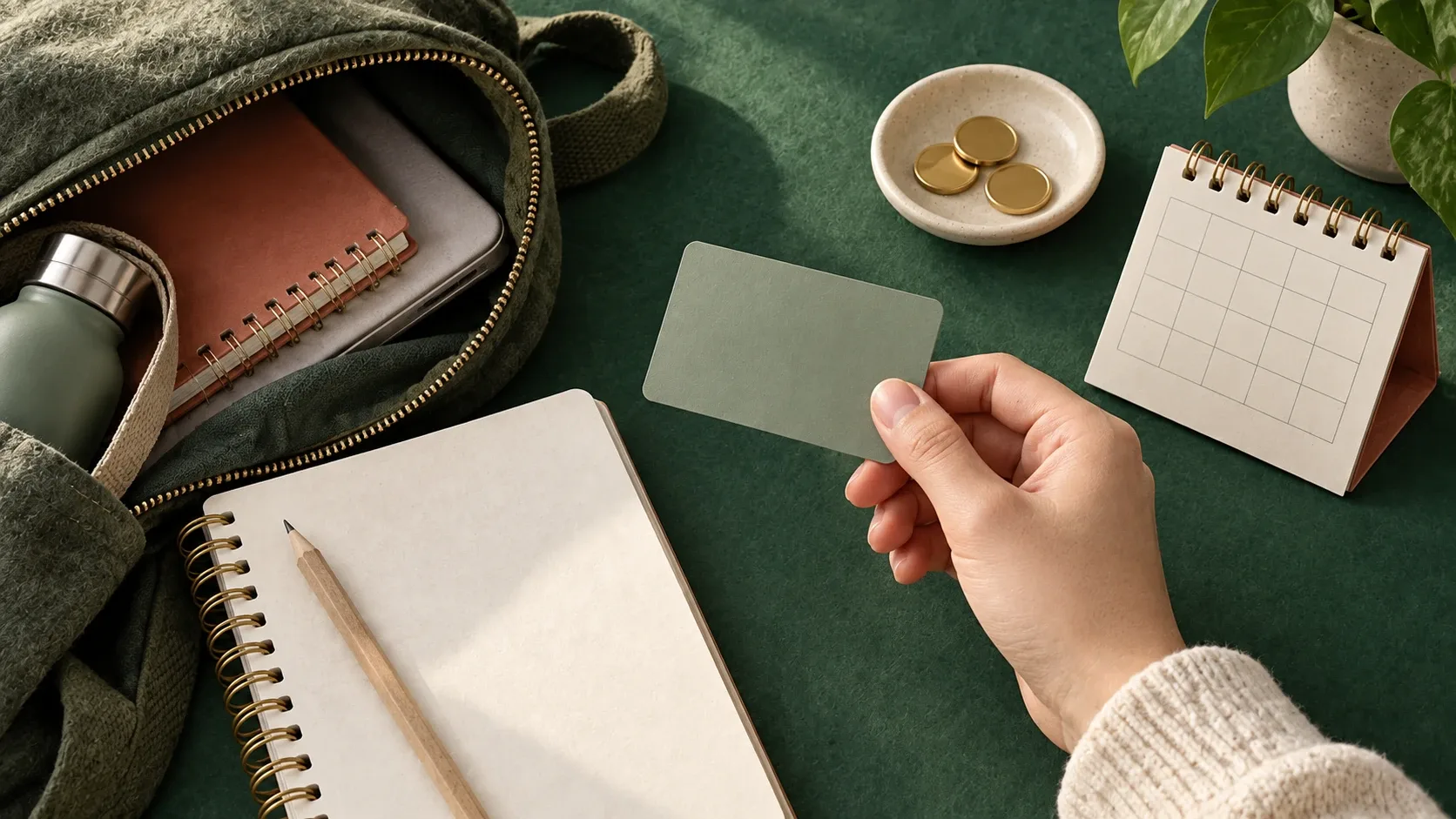 Una mano sostiene una tarjeta sin marca junto a una mochila, un cuaderno y un calendario.