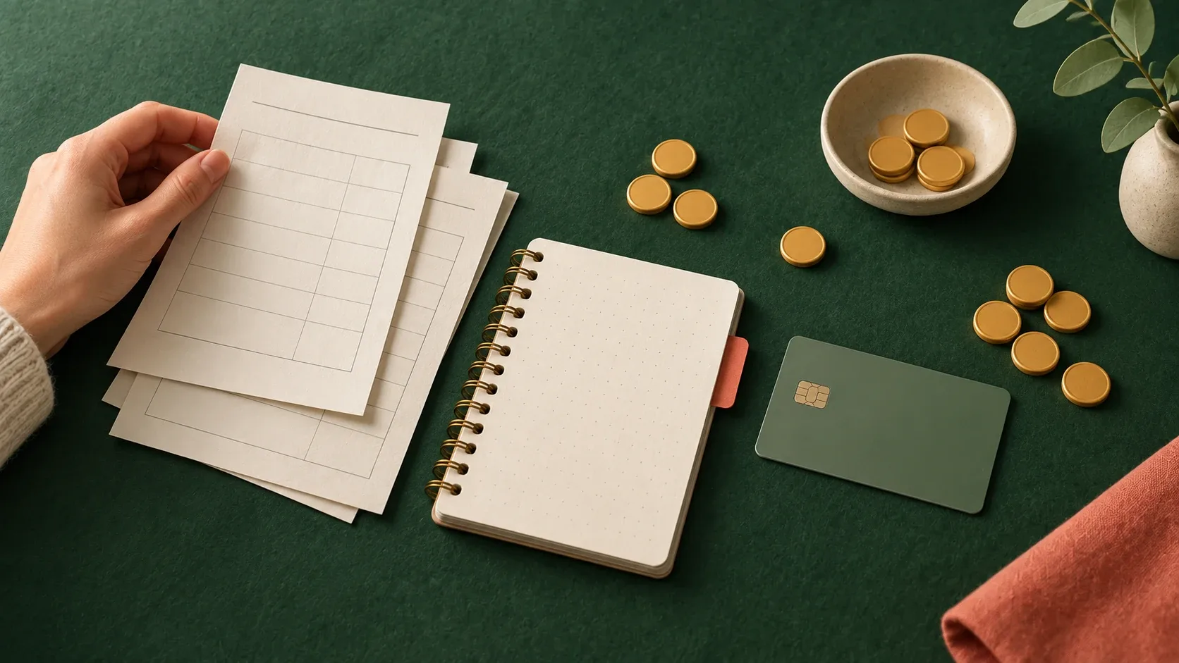 Una mano organiza documentos junto a un cuaderno, una tarjeta y grupos de monedas de distinto tamaño.