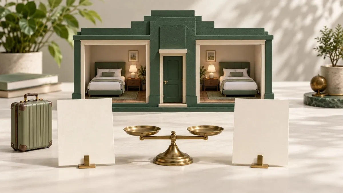 Maqueta de dos habitaciones de hotel, dos certificados sin texto, una maleta y una balanza.