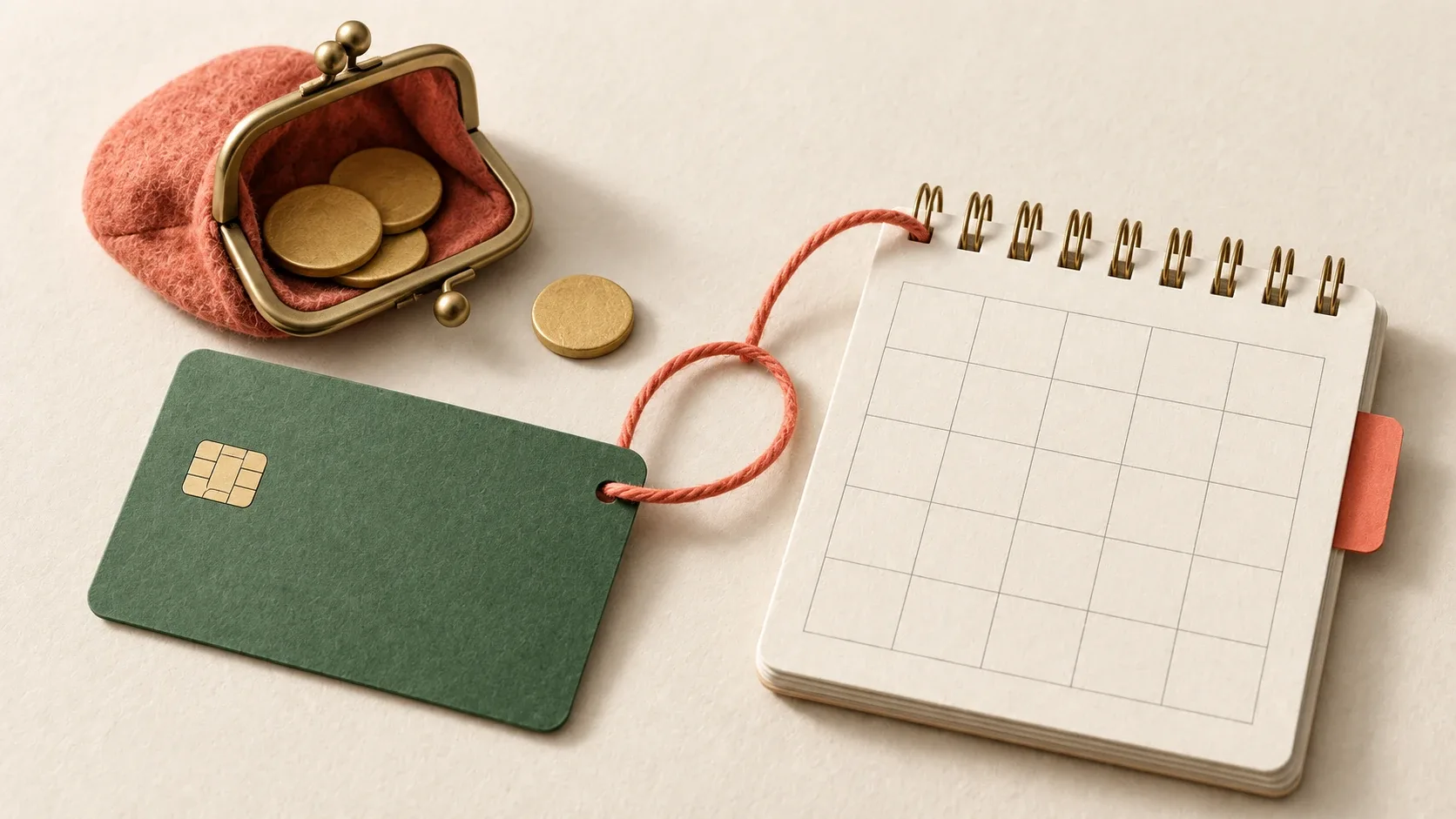 Una tarjeta sin marca conectada a un calendario de papel, junto a un monedero abierto.