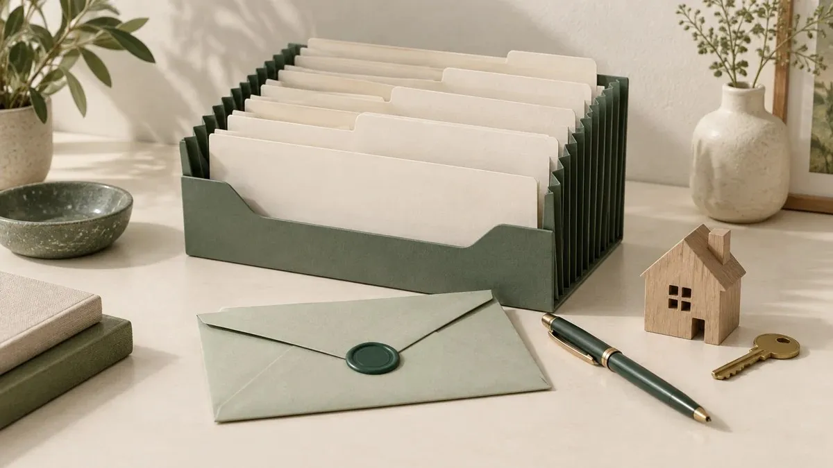 Organizador verde con separadores de papel, un sobre sellado, una casa de madera y una llave.