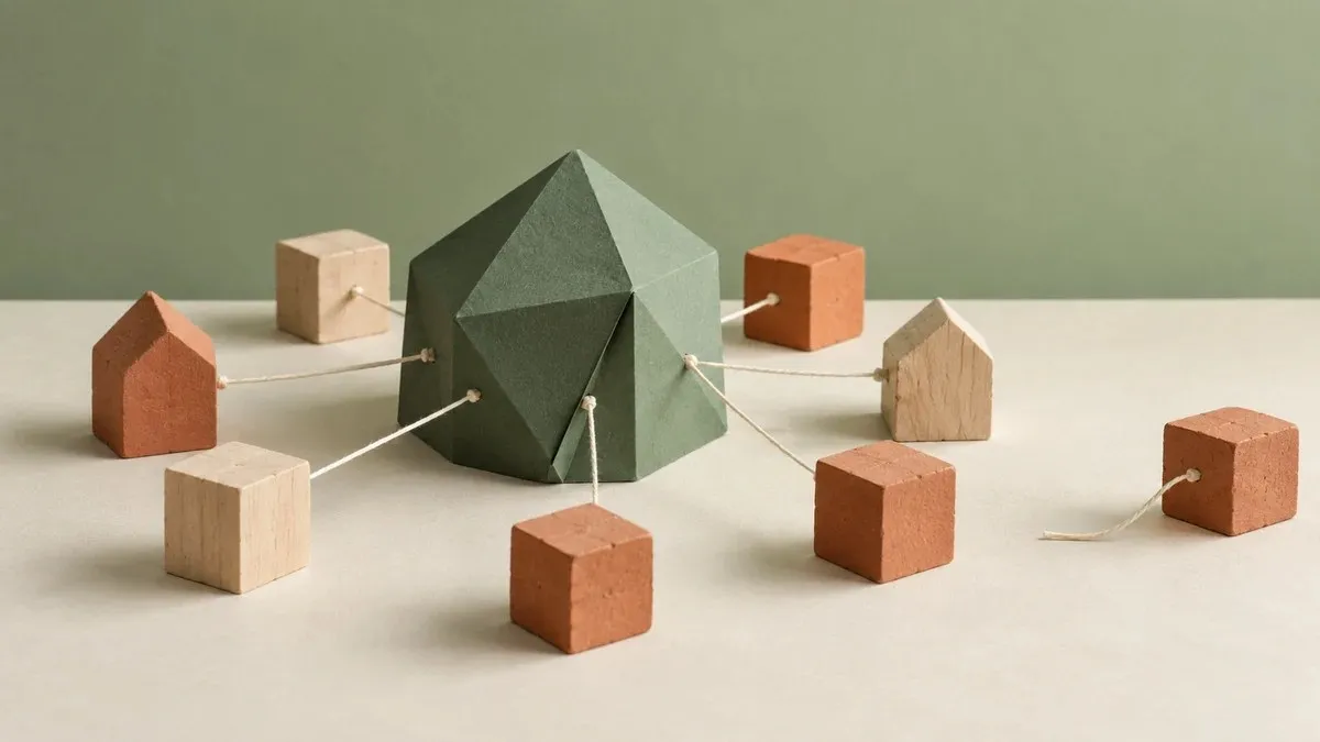 Bloques de madera y terracota unidos con hilos a una forma de papel verde, con un bloque apartado.