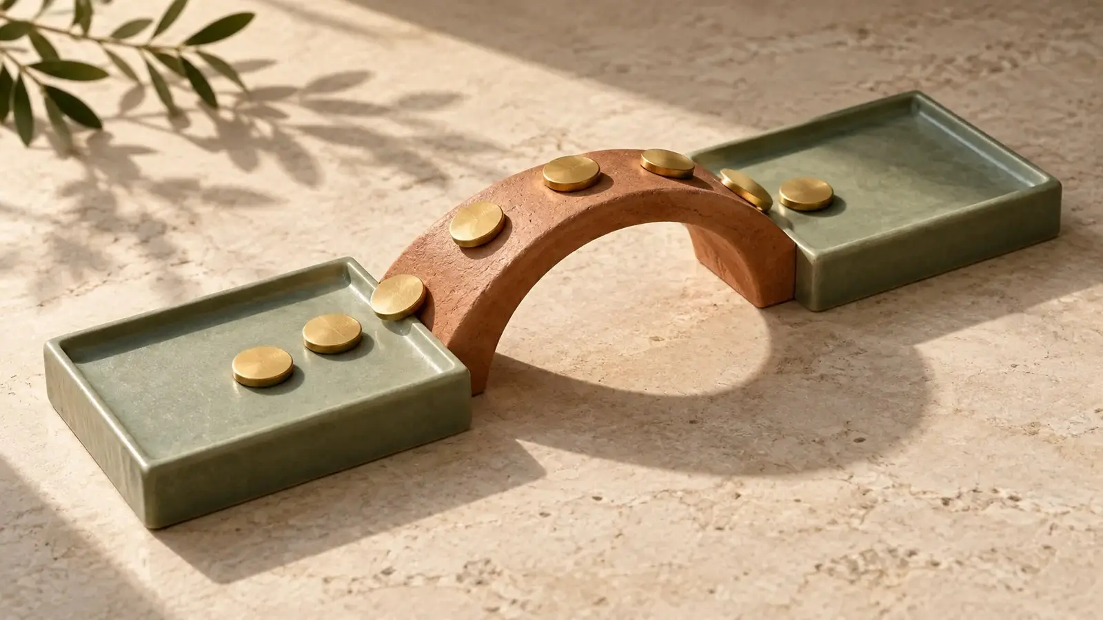 Puente bajo de terracota entre dos bandejas verdes, con una fila de discos lisos de latón sobre el arco.
